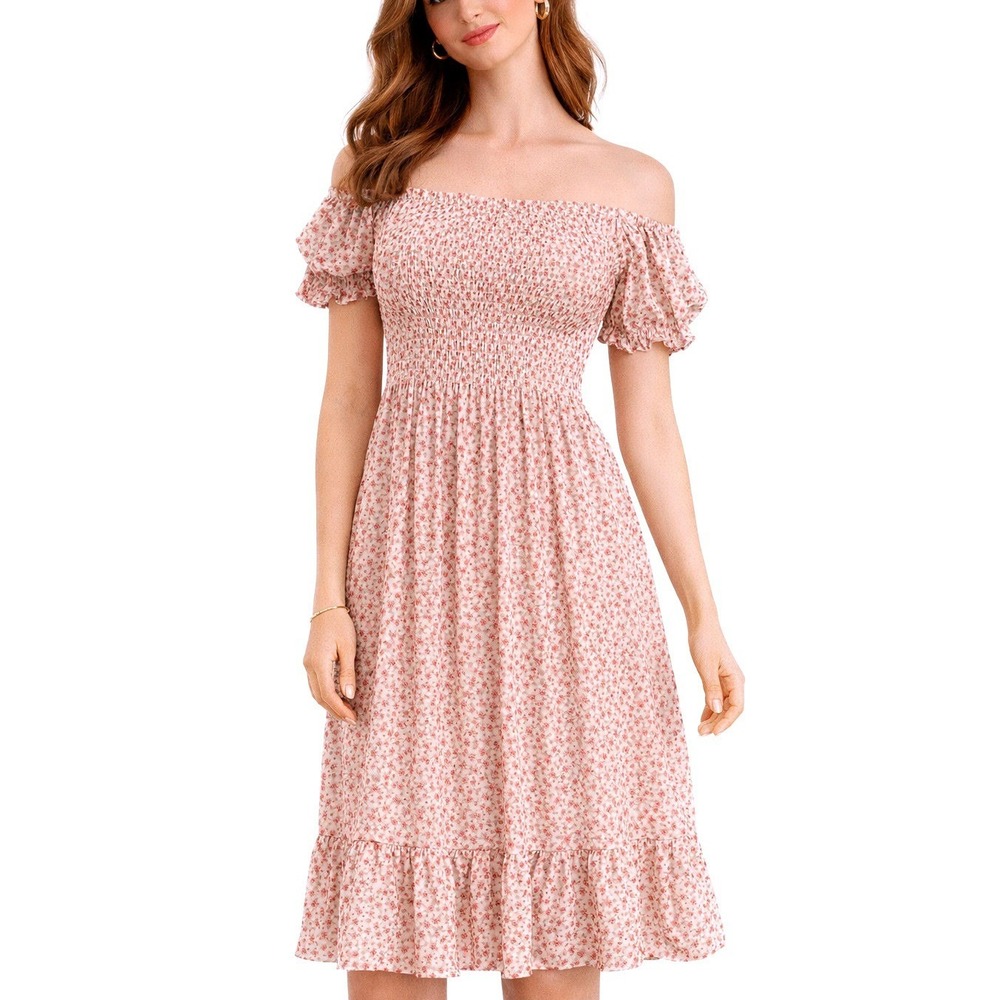 Petal + Pup Dress Smocked Floral Puff Sleeve Midi Cottagecore Red White 6